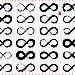 May include: A collection of black infinity symbol designs in various styles. Some symbols have a brushstroke effect, while others are solid. A small red ladybug is present on one of the symbols. The background has a wavy pattern.
