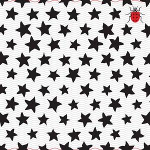 May include: A repeating pattern of black stars on a white background with wavy grey lines. A red ladybird with black spots is in the upper right corner. The design has a whimsical and playful feel, suitable for various applications.