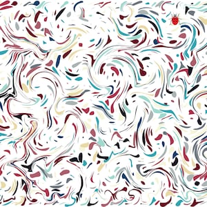 May include: Abstract pattern with swirling shapes in shades of red, blue, black, and beige on a white background. A small red ladybug with black spots is in the upper right corner. The design has a marbled effect.