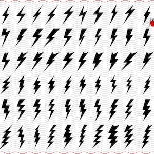 May include: A repeating pattern of black lightning bolt graphics on a white background with a wavy gray pattern. A small red ladybug with black spots is in the upper right corner. The design is framed by a red border.