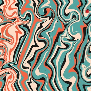 May include: Abstract digital art with a swirling pattern in teal, peach, black, and cream colors. A small red ladybug with black spots is in the upper right corner. The design has a retro, psychedelic vibe.