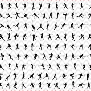 Peut inclure: Graphique noir et blanc avec de nombreuses silhouettes de joueurs de tennis en action. Les joueurs, avec des raquettes, sont saisis dans des poses variées, servant et frappant. Le fond présente un motif ondulé.
