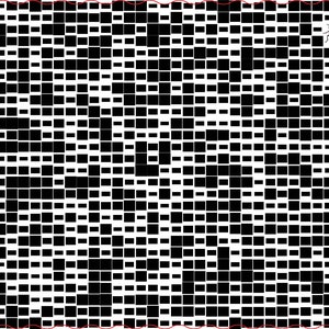 Op de afbeelding: Abstract zwart-wit patroon van vierkanten en rechthoeken. Een rode lieveheersbeestje bevindt zich in de rechterbovenhoek. Een rode golvende lijn begrenst de boven- en onderkant van de afbeelding.