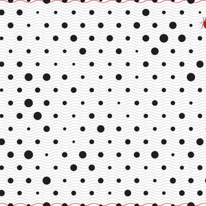 Peut inclure: Motif abstrait avec un fond blanc, des lignes ondulées grises et des cercles noirs de différentes tailles. Une petite coccinelle rouge à pois noirs se trouve dans le coin supérieur droit. Les bords supérieur et inférieur sont rouges.