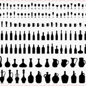 Puede incluir: Una colección de imágenes de siluetas negras de cristalería, que incluyen copas de vino, vasos de cerveza, tazas y varias botellas y jarras. Una pequeña mariquita roja está en la esquina superior derecha.