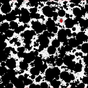 May include: Abstract digital art featuring black ink splatters on a white background with a subtle wavy pattern. A small red ladybug with black spots adds a pop of color to the design. The artwork has a modern, artistic feel.