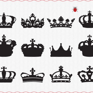 May include: A collection of twelve black crown silhouettes with varying designs, including ornate details and crosses. The crowns are arranged on a white background with a wavy pattern and a red border. A small ladybug is in the upper right corner.