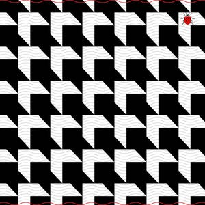 May include: Abstract geometric pattern in black and white, featuring repeating arrow-like shapes with a wavy line detail. A small red ladybug adds a pop of color. The design is framed with red and wavy lines.