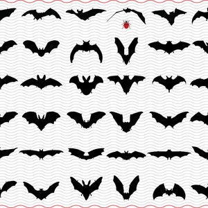 May include: A collection of black bat silhouettes in various poses, set against a wavy white background with a red border. The bats are depicted with outstretched wings, creating a Halloween or gothic theme.