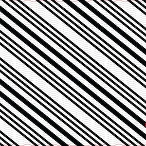 May include: Abstract graphic design featuring diagonal black stripes on a white background with subtle wavy lines. A small red ladybug with black spots is in the lower right corner. The design is framed with a red wavy border.