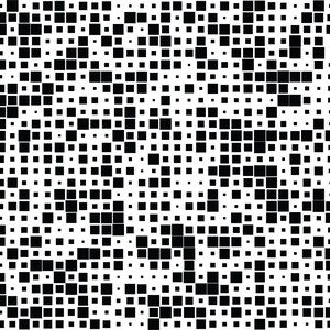 May include: Abstract black and white design featuring a pattern of squares in various sizes. A small red ladybird with black spots is in the upper right. The design is a repeating pattern of squares, creating a visual texture.