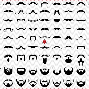 May include: A collection of various black mustache and beard designs. The image features a grid of different styles, from thin and curved to thick and bushy, with a small red ladybug graphic.