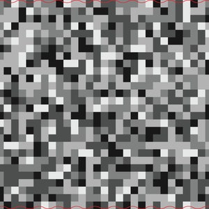 May include: Abstract digital artwork featuring a pixelated design in grey and black tones. A small red ladybird with black spots is in the upper right. A red wavy line borders the top and bottom of the image.