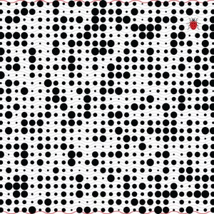 May include: Digital abstract art featuring a pattern of black circles on a white background with wavy grey lines. A red ladybird is in the upper right corner. Red wavy lines border the top and bottom of the image.