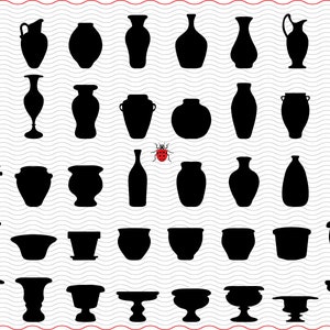 May include: A collection of black silhouette images of various vases, pitchers, and bowls. The designs range from classic to modern, with varying shapes and sizes. A small red and black ladybug is also present.