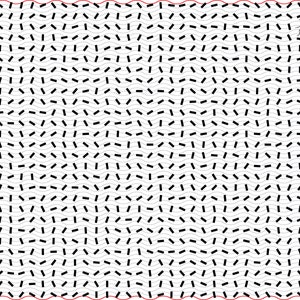 May include: Abstract digital art with a white background featuring a pattern of black dashes and wavy gray lines. A small red ladybug with black spots is in the upper right corner, and a red wavy line borders the top and bottom.