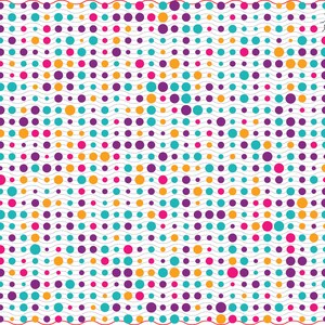 May include: An abstract design with a repeating pattern of multi-coloured dots, including pink, teal, purple, and orange, on a white background with wavy lines. A small ladybird is in the top right corner.