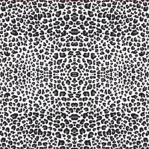 May include: A repeating pattern of black and gray leopard spots on a white background. The spots vary in size and shape, creating a textured appearance. The design is symmetrical, with the pattern mirroring itself vertically.