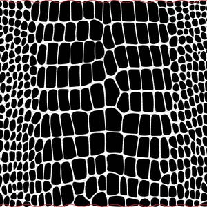 May include: A black and white pattern resembling crocodile or alligator skin. The design features irregular, rectangular shapes in black against a white background. A small red ladybug is in the upper right corner.