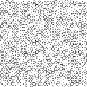 May include: Abstract black and white pattern of interconnected hexagons and dots. A small red ladybug with black spots is in the upper right corner. The design is a repeating pattern of varying sizes and densities.