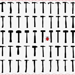 Puede incluir: Ilustración gráfica de numerosas siluetas de martillos negros de diferentes diseños, sobre un fondo ondulado gris claro. Una mariquita roja y negra está colocada entre los martillos. Diseño limpio y gráfico.