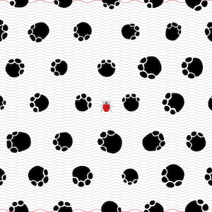 May include: A repeating pattern of black paw prints on a white background with wavy gray lines. A small red ladybug with black spots is interspersed among the paw prints. A thin red line borders the top and bottom.