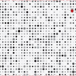 May include: Digital abstract art featuring a pattern of grey circles of varying sizes and shades, set against a white backdrop with wavy lines. A small red ladybird with black spots is in the upper right corner.