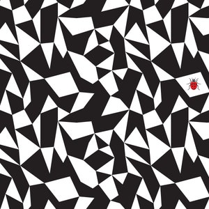 May include: Abstract geometric pattern in black and white with a small red ladybug in the upper right corner. The design features irregular shapes and sharp angles, creating a dynamic visual effect. The ladybug adds a pop of color.