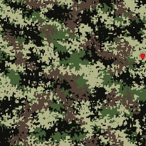 May include: A digital camouflage design in green, brown, and black. A small red ladybird with black spots is visible on the right. The pixelated pattern gives a modern military appearance.