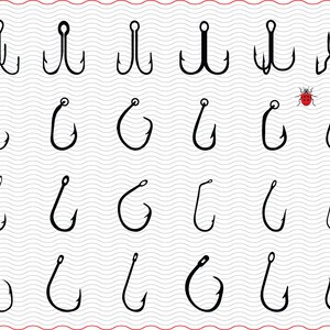 Peut inclure: Plusieurs hameçons de pêche noirs de différents styles, y compris des hameçons triples et simples. Les hameçons sont disposés en rangées et en colonnes sur un fond gris clair ondulé avec une bordure rouge. Une petite coccinelle rouge est également présente.