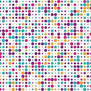 Könnte beinhalten: Ein weißer Hintergrund ist mit einem Muster aus farbigen Kreisen bedeckt. Die Kreise sind in den Farbtönen Lila, Türkis, Orange und Rosa gehalten. Die Kreise variieren in der Größe und sind in einem rasterartigen Muster angeordnet.