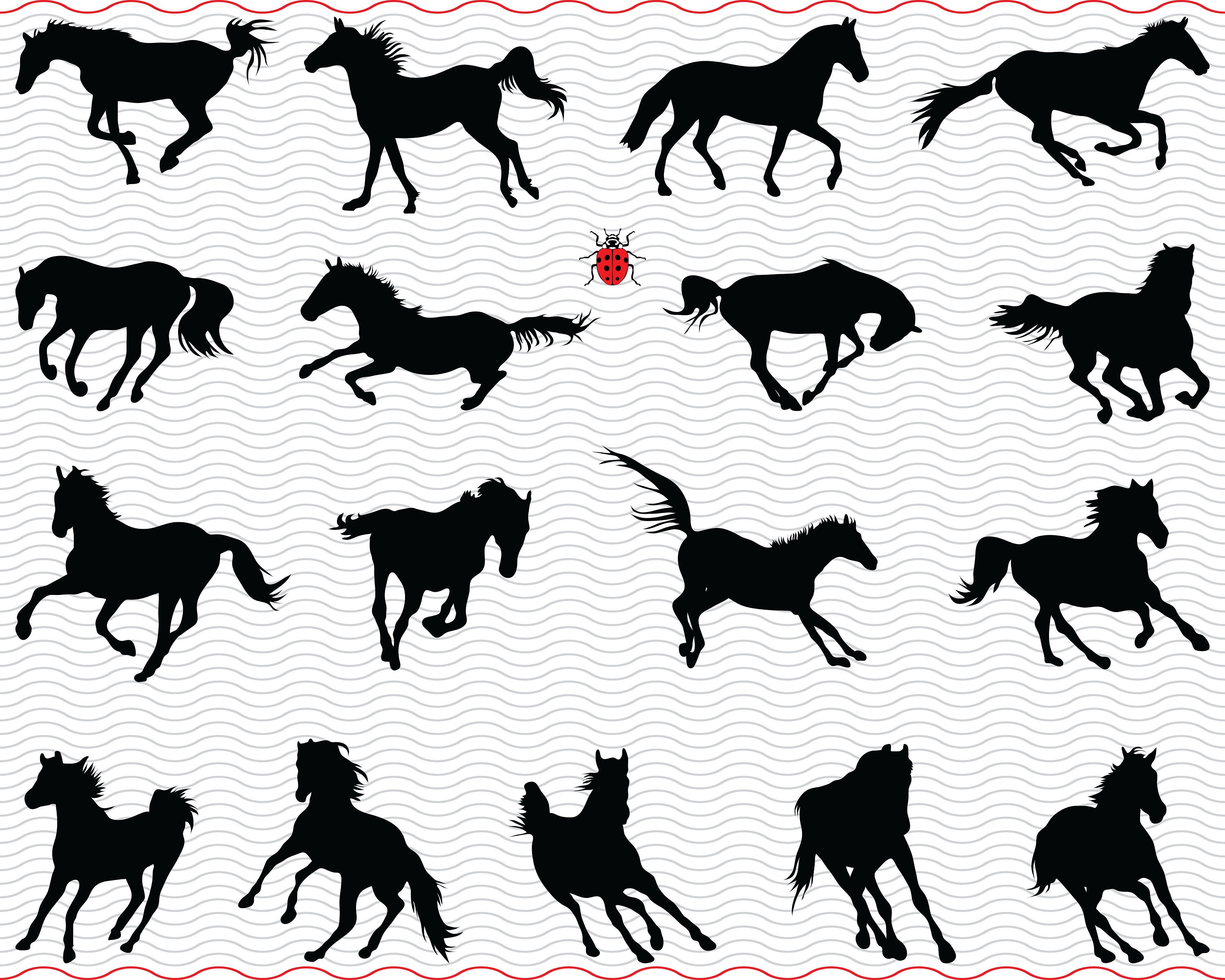 SVG Horses Gallop, Black Silhouettes Digital Clipart, Horses Files Eps