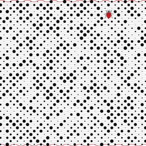 May include: Abstract digital artwork with a white backdrop, displaying black circles of different sizes and grey wavy lines. A red ladybird with black spots is near the top. A red wavy line borders the top and bottom.