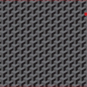 May include: A geometric pattern of gray and black three-dimensional cubes fills the image. A small red ladybug with black spots is in the upper right corner. The cubes create a repeating pattern, giving the image a sense of depth and complexity.