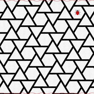 May include: Geometric pattern with black triangles and wavy lines on a white background. A red ladybug is positioned near the top. The design is framed by red and wavy lines.