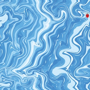 May include: Abstract digital art with a swirling blue and white pattern, resembling water or marble. A small red ladybug with black spots is in the upper right corner, adding a contrasting element to the cool color palette.