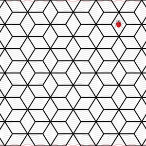 Könnte beinhalten: Geometrisches Muster mit schwarzen Umrissen, die dreidimensionale Formen bilden. Der Hintergrund weist wellenförmige Linien auf. Ein roter Marienkäfer mit schwarzen Punkten befindet sich in der Mitte. Der Rand hat eine rote Wellenlinie.