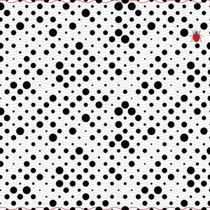 Könnte beinhalten: Abstraktes Muster mit schwarzen Kreisen unterschiedlicher Größe auf weißem Hintergrund mit grauen Wellenlinien. Ein kleiner roter Marienkäfer mit schwarzen Punkten befindet sich oben rechts. Oben und unten rote Wellenbordüren.