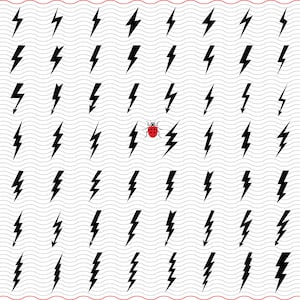 May include: A repeating pattern of black lightning bolt symbols on a wavy white background. A red ladybug is in the center. The design is framed by a red border.