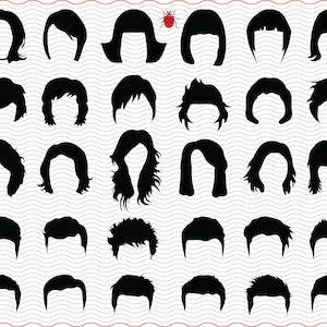 Könnte beinhalten: Eine Sammlung schwarzer Haarsilhouetten in verschiedenen Stilen, darunter Bobs, gestufte Schnitte und welliges Haar. Das Bild zeigt ein Marienkäfer-Symbol und einen wellenförmigen Hintergrund.