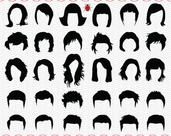 Peinados SVG, siluetas negras clipart digitales, archivos eps jpg, peinados aislados vectoriales, descarga instantánea svg, png, dxf para Cricut