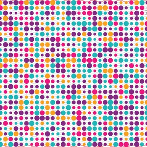 May include: Digital artwork with a white backdrop, showcasing a pattern of vibrant circles in pink, purple, teal, and orange. The design includes wavy grey lines and a red ladybird.
