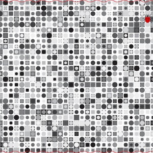 Op de afbeelding: Abstract patroon van grijstinten vierkanten en cirkels. Een kleine rode lieveheersbeestje met zwarte stippen bevindt zich in de rechterbovenhoek. De vormen variëren in grootte en tint, waardoor een textuureffect ontstaat tegen een witte achtergrond.