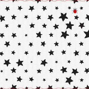 May include: A repeating pattern of black stars of varying sizes on a white background with wavy grey lines. A small red ladybird is in the upper right corner. The design is framed by a red border.