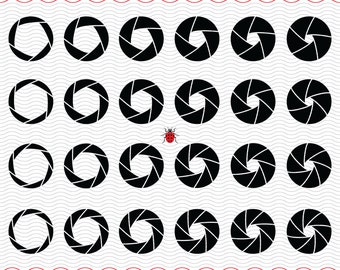 Apertura de lente de cámara SVG, siluetas negras clipart digital, apertura eps jpg, vector aislado, descarga instantánea svg, png, dxf para Cricut