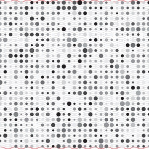 Könnte beinhalten: Abstrakte digitale Kunst mit einem Muster aus grauen Kreisen unterschiedlicher Größe und Schattierung, angeordnet auf einem weißen Hintergrund mit Wellenlinien. Ein kleiner roter Marienkäfer mit schwarzen Punkten befindet sich in der oberen rechten Ecke.