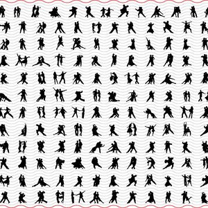Peut inclure: Graphique noir et blanc avec de nombreuses silhouettes de couples dansant. Les danseurs sont dans diverses poses, suggérant différents styles de danse. Un motif de coccinelle rouge est dans le coin supérieur droit. L'image a un fond ondulé.