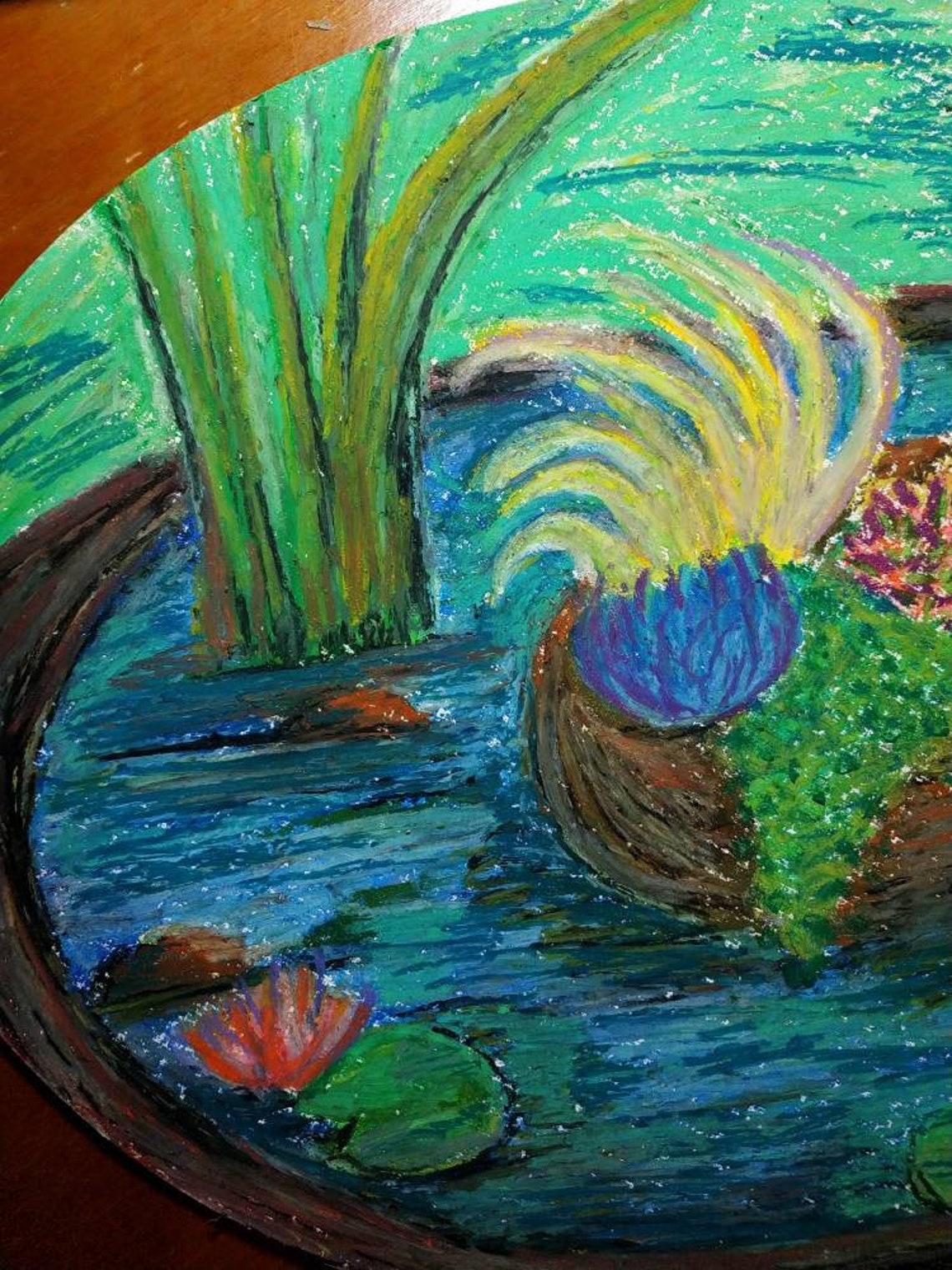 Drawing with oil pastels on canvas pasted on cardboard. Oval Etsy