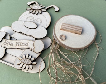 Unfinished Honey Bee Wood standup cutout DIY kit with flowers, raffia and button.