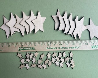 6 Pairs of Mirror Images Unfinished Wood Cutout Rustic Shape Stars and 30 mini for a total of 42 for Garlands, Wreaths, Signs, Shelf Sitters